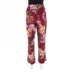 Pre Owned Gucci Maroon Cerise Blooms Printed Silk Crepe de Chine Pajama Pants L