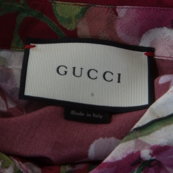 Pre Owned Gucci Maroon Cerise Blooms Printed Silk Crepe de Chine Boxy Blouse M