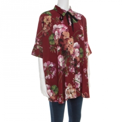 Pre Owned Gucci Maroon Cerise Blooms Printed Silk Crepe de Chine Boxy Blouse M
