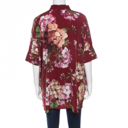 Pre Owned Gucci Maroon Cerise Blooms Printed Silk Crepe de Chine Boxy Blouse M