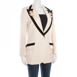 Pre Owned Gucci Cream Wool Contrast Velvet Trim Floral Applique Blazer M