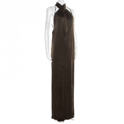 Gucci Olive Green Embellished Halter Backless Gown M