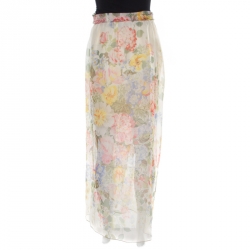 Pre Owned Gucci Floral Printed Sheer Silk Lace Underlay Belted Maxi Skirt S