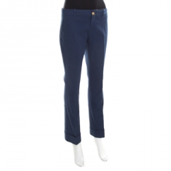 Pre Owned Gucci Blue Cotton Logo Button Detail Tailored Trousers M