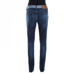 Pre Owned Gucci Indigo Faded Effect Denim Leather Horsebit Detail Tapered Jeans M