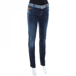 Pre Owned Gucci Indigo Faded Effect Denim Leather Horsebit Detail Tapered Jeans M