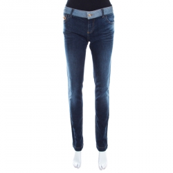 Pre Owned Gucci Indigo Faded Effect Denim Leather Horsebit Detail Tapered Jeans M