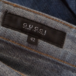 Pre Owned Gucci Indigo Faded Effect Denim Leather Horsebit Detail Tapered Jeans M