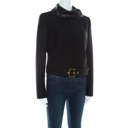 Pre Owned Gucci Black Wool Leather Collar Detail Double Breasted Jacket M