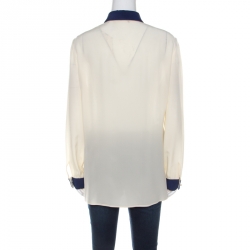 Gucci Cream Crepe Silk Bee Applique Detail Button Down Bow Tie Shirt L