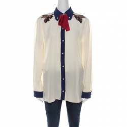 Gucci Cream Crepe Silk Bee Applique Detail Button Down Bow Tie Shirt L