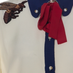 Gucci Cream Crepe Silk Bee Applique Detail Button Down Bow Tie Shirt L