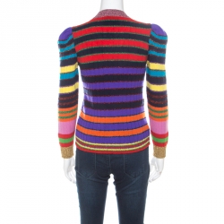 Pre Owned Gucci Multicolor Rainbow Striped Wool Blend Floral Applique Pearl Button Cardigan XS