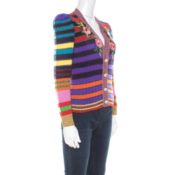 Pre Owned Gucci Multicolor Rainbow Striped Wool Blend Floral Applique Pearl Button Cardigan XS