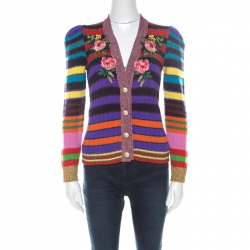 Pre Owned Gucci Multicolor Rainbow Striped Wool Blend Floral Applique Pearl Button Cardigan XS