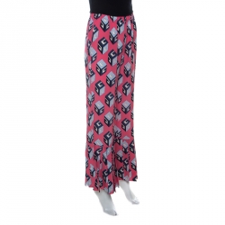 Gucci Pink Cube Print Silk Pleated Flare Hem Trousers S