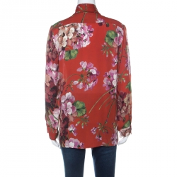 Gucci Red Geranium Print Silk Tie Neck Detail Button Front Shirt M