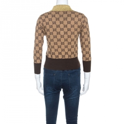 Pre Owned Gucci Beige Monogram Pattern Metallic Knit Collar Sweater S