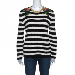 Pre Owned Gucci Monochrome Striped Knit Floral Embroidered Applique Sweater M
