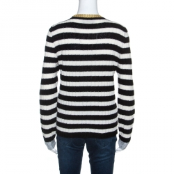 Pre Owned Gucci Monochrome Striped Knit Floral Embroidered Applique Sweater M