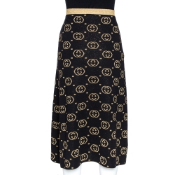 Pre Owned Gucci Black and Gold Wool Lurex Trim GG Logo Detail Skirt L