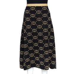 Pre Owned Gucci Black and Gold Wool Lurex Trim GG Logo Detail Skirt L