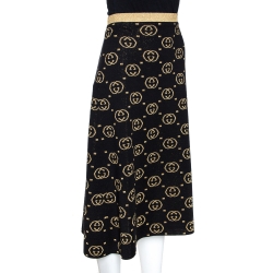 Pre Owned Gucci Black and Gold Wool Lurex Trim GG Logo Detail Skirt L