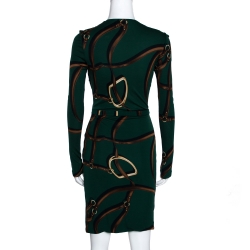 Pre Owned Gucci Dark Green Equestrian Printed Jersey Draped Long Sleeve Dress XS