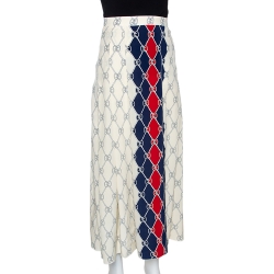 Pre Owned Gucci Cream & Navy Blue Silk Rhombus Skirt S