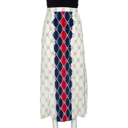 Pre Owned Gucci Cream & Navy Blue Silk Rhombus Skirt S