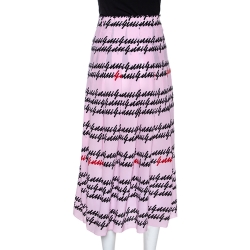 Pre Owned Gucci Pink Silk Cursive Logo Print Pleated Midi Skirt M