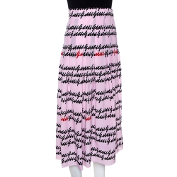 Pre Owned Gucci Pink Silk Cursive Logo Print Pleated Midi Skirt M