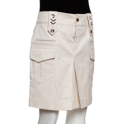 Pre Owned Gucci Ecru Garbadine Navy Badge Embellished Detail Mini Skirt M