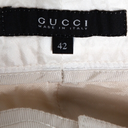 Pre Owned Gucci Ecru Garbadine Navy Badge Embellished Detail Mini Skirt M