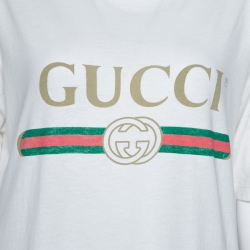 Pre Owned Gucci White Vintage Logo Print Cotton Worn Effect Oversized T-Shirt S