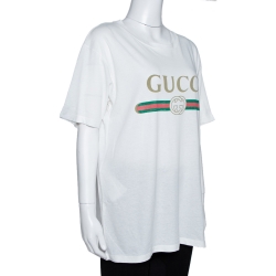 Pre Owned Gucci White Vintage Logo Print Cotton Worn Effect Oversized T-Shirt S