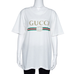 Pre Owned Gucci White Vintage Logo Print Cotton Worn Effect Oversized T-Shirt S