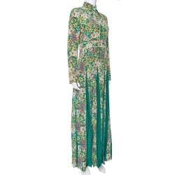 Pre Owned Gucci Green Floral Printed Silk Pleated Maxi Dress S