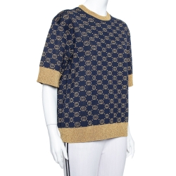 Pre Owned Gucci Navy Blue Logo Pattern Lurex Knit Short Sleeve Sweater S