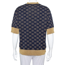Pre Owned Gucci Navy Blue Logo Pattern Lurex Knit Short Sleeve Sweater S