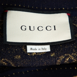 Pre Owned Gucci Navy Blue Logo Pattern Lurex Knit Short Sleeve Sweater S