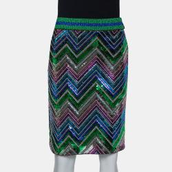 Multicolor Lurex Knit Chevron Pattern Sequin Embellished Skirt