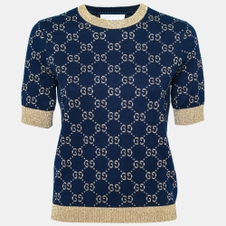 Pre Owned Gucci Navy Blue & Gold GG Lurex Jacquard Cotton Crewneck Jumper M