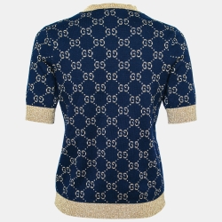 Pre Owned Gucci Navy Blue & Gold GG Lurex Jacquard Cotton Crewneck Jumper M