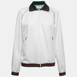 Pre Owned Gucci White Jersey Web Stripe Rib Knit Trimmed Zip Front Jacket S