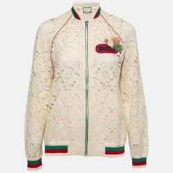 Pre Owned Gucci Cream Floral Lace Web Stripe Rib Knit Trimmed Zip Front Jacket S