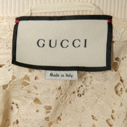 Pre Owned Gucci Cream Floral Lace Web Stripe Rib Knit Trimmed Zip Front Jacket S