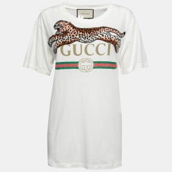 Gucci White Logo Printed Cotton Short Sleeve Oversized T-Shirt XS