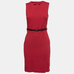 Gucci Red Stretch Knit Belted Bodycon Midi Dress M