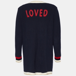Pre Owned Gucci Navy Blue Cotton Knit Embroidery Detail Cardigan L